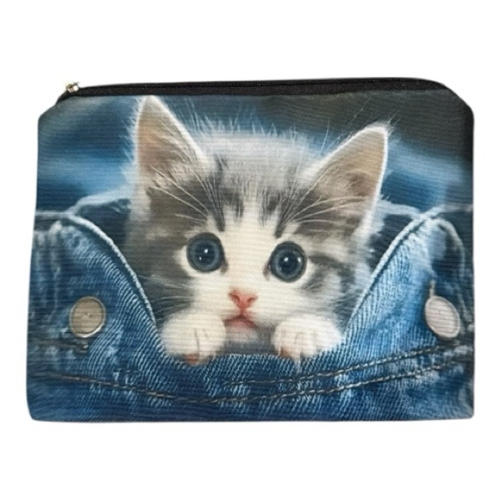Cute Kitten Denim Pouch - Blue